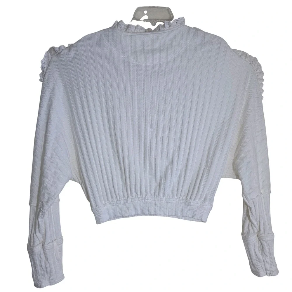 Free People More Romance Top Women Medium Cream Ruffle Lace Ribbed Boho EUC